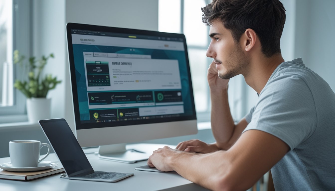 Seorang pria muda duduk di meja dengan laptop, terlihat fokus sedang menggunakan situs online di ruangan yang terang dan rapi.