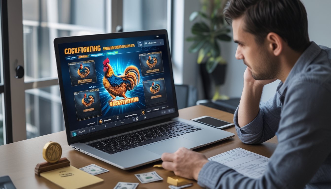 Seseorang duduk di meja dengan laptop yang menampilkan permainan sabung ayam online, dikelilingi oleh alat tulis dan uang dalam jumlah kecil di ruang kerja rumah.