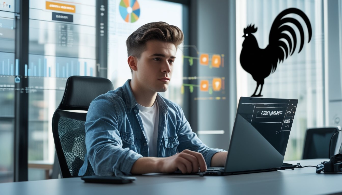 Seorang pria muda sedang fokus menggunakan laptop dan ponsel di meja modern dengan latar belakang simbol ayam jago dan grafik digital.