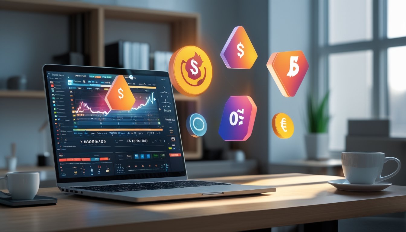 Sebuah meja kantor modern dengan laptop terbuka menampilkan antarmuka digital, dikelilingi ikon ayam jago dan simbol mata uang digital.