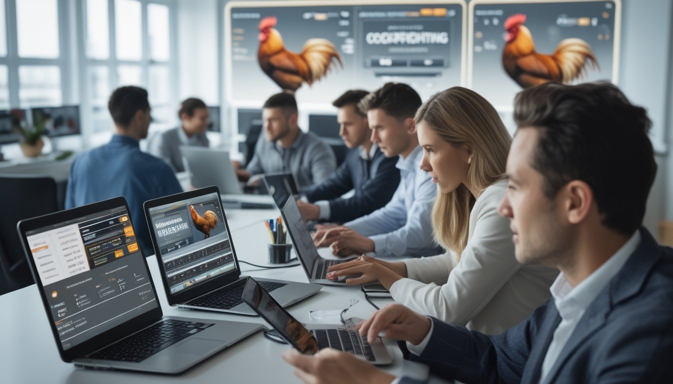 Orang-orang menggunakan laptop dan ponsel di ruang kantor modern dengan layar menampilkan statistik taruhan sabung ayam.