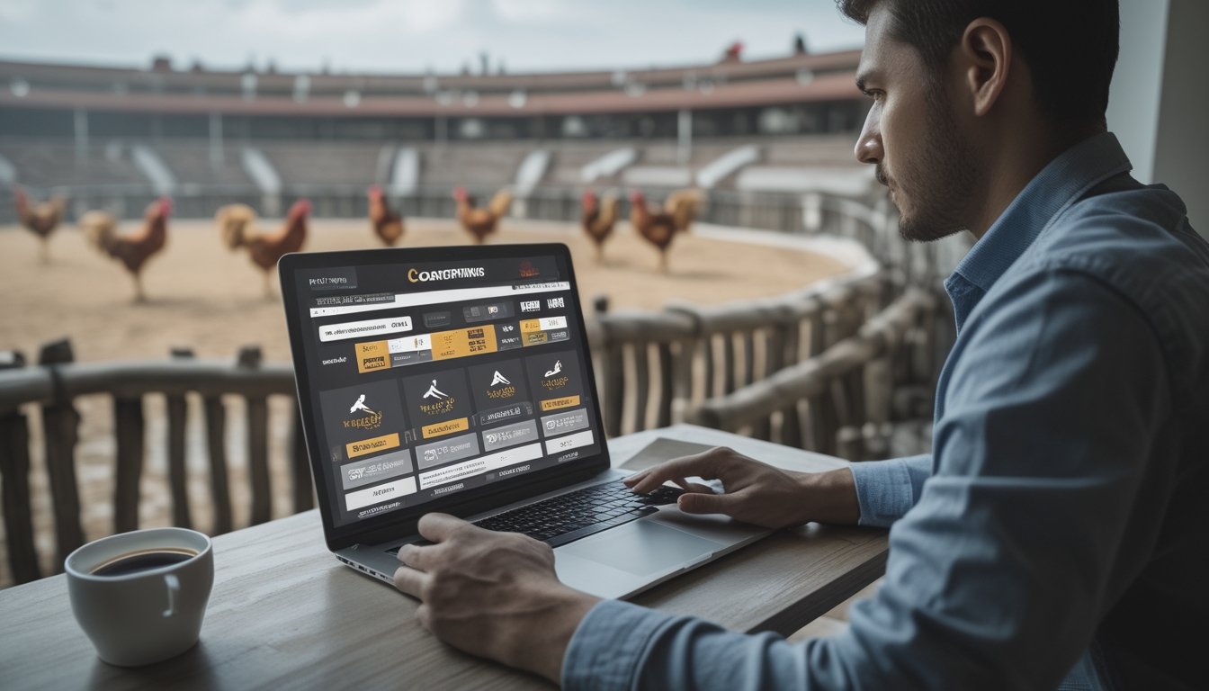 Seseorang duduk di rumah menggunakan laptop untuk bertaruh sabung ayam online dengan latar belakang arena sabung ayam tradisional yang samar.