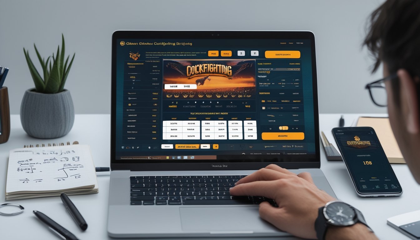 Seorang pengguna sedang melihat layar komputer dengan tampilan taruhan sabung ayam online, di meja terdapat catatan dan ponsel dengan statistik taruhan.