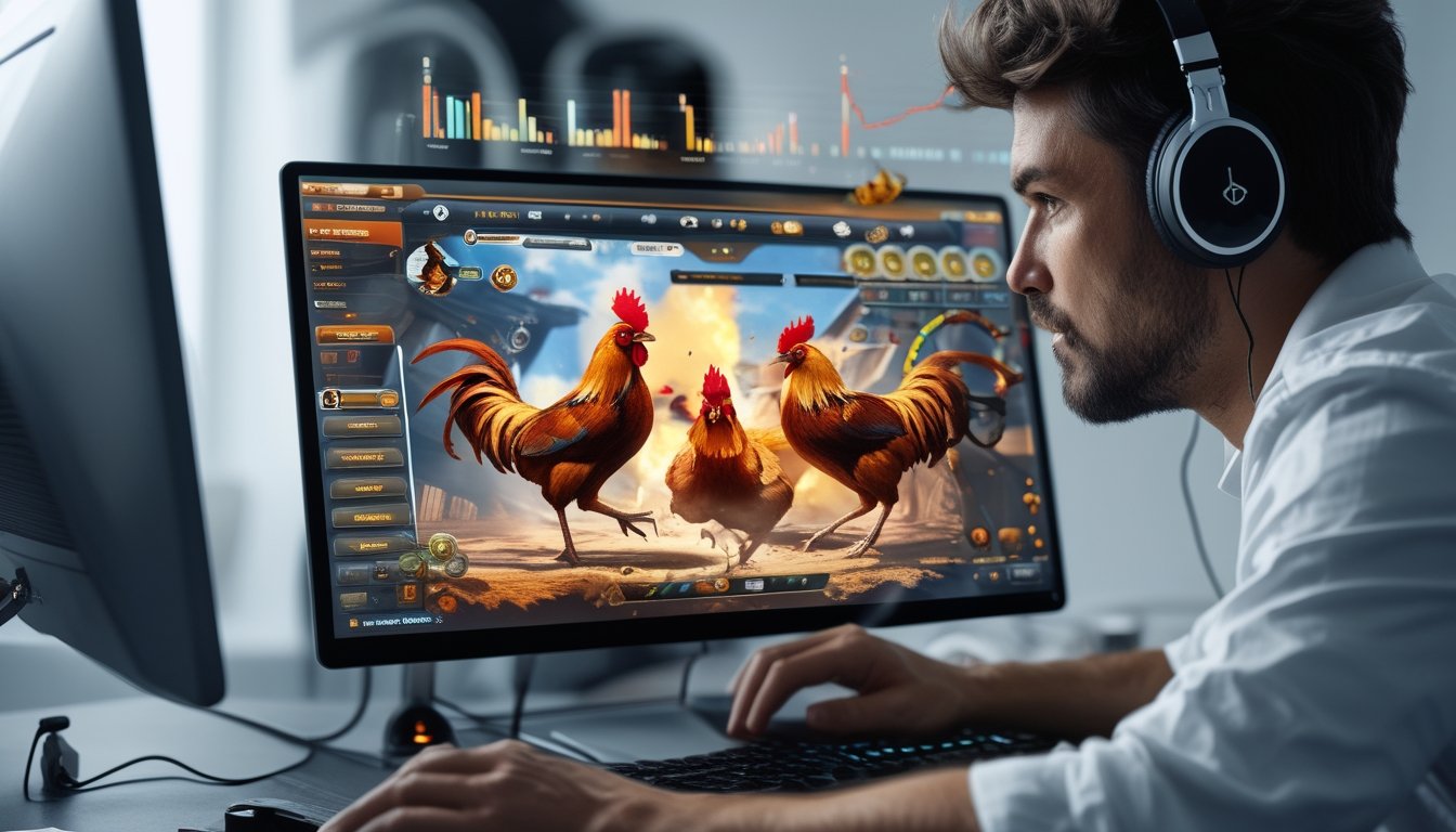 Seorang pria dewasa fokus bermain permainan sabung ayam online di depan komputer dengan latar ruang kerja yang rapi.