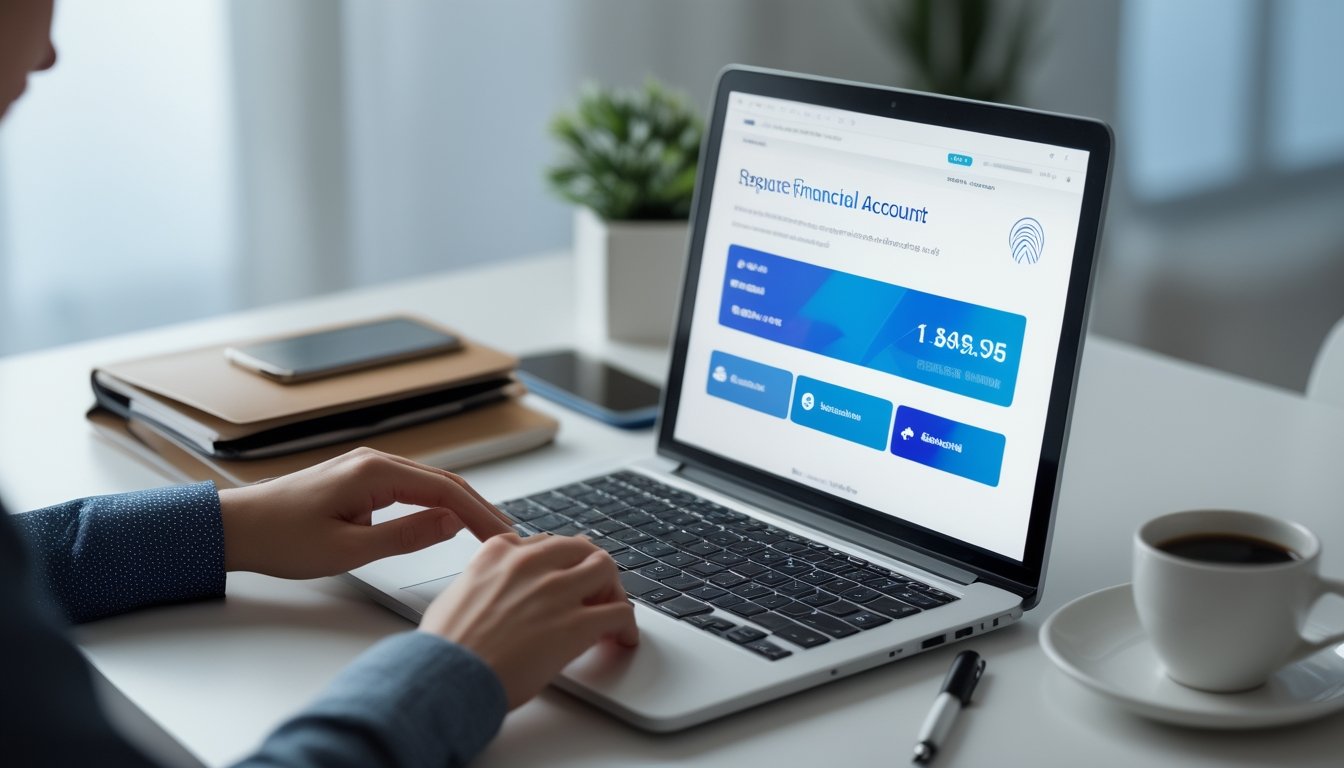 Seseorang menggunakan laptop di meja kerja dengan ponsel dan buku catatan, menyiapkan akun sebelum melakukan deposit dan penarikan dana.