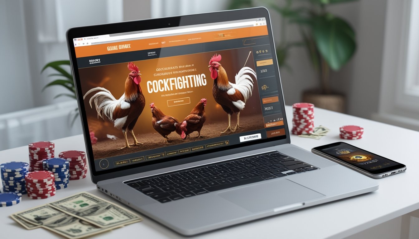 Seorang pengguna sedang melihat situs taruhan sabung ayam online di komputer dengan chip poker dan ponsel di meja.