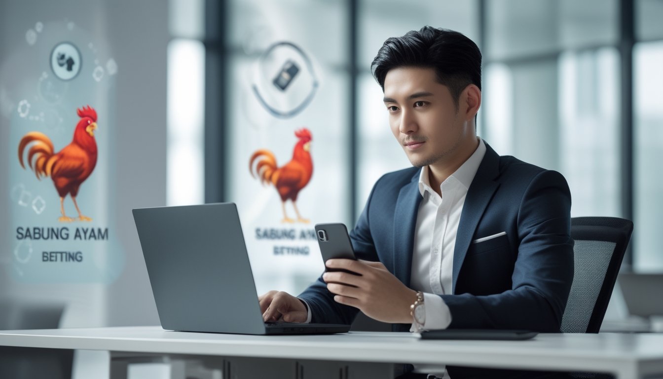 Seorang pria berpakaian rapi sedang menggunakan laptop dan ponsel di meja kantor modern dengan latar belakang yang menunjukkan elemen terkait permainan sabung ayam online.