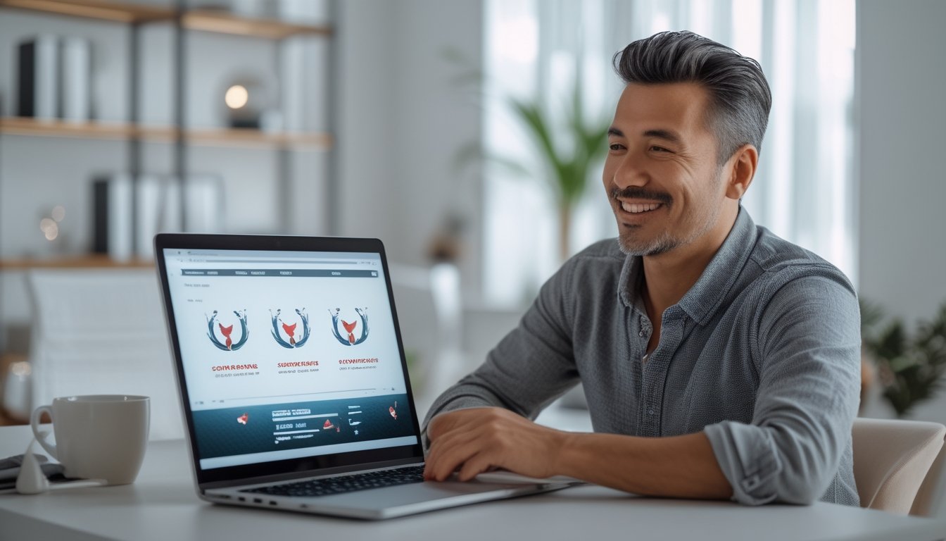 Seorang pria dewasa menggunakan laptop di ruang kerja rumah yang modern dan terang, terlihat santai dan percaya diri saat bermain judi sabung ayam online dengan aman.