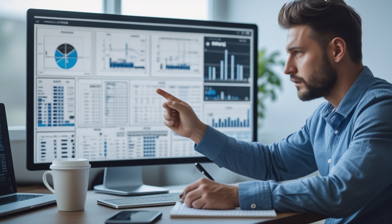 Seorang pria fokus menganalisis grafik statistik ayam di depan layar komputer di sebuah kantor modern.