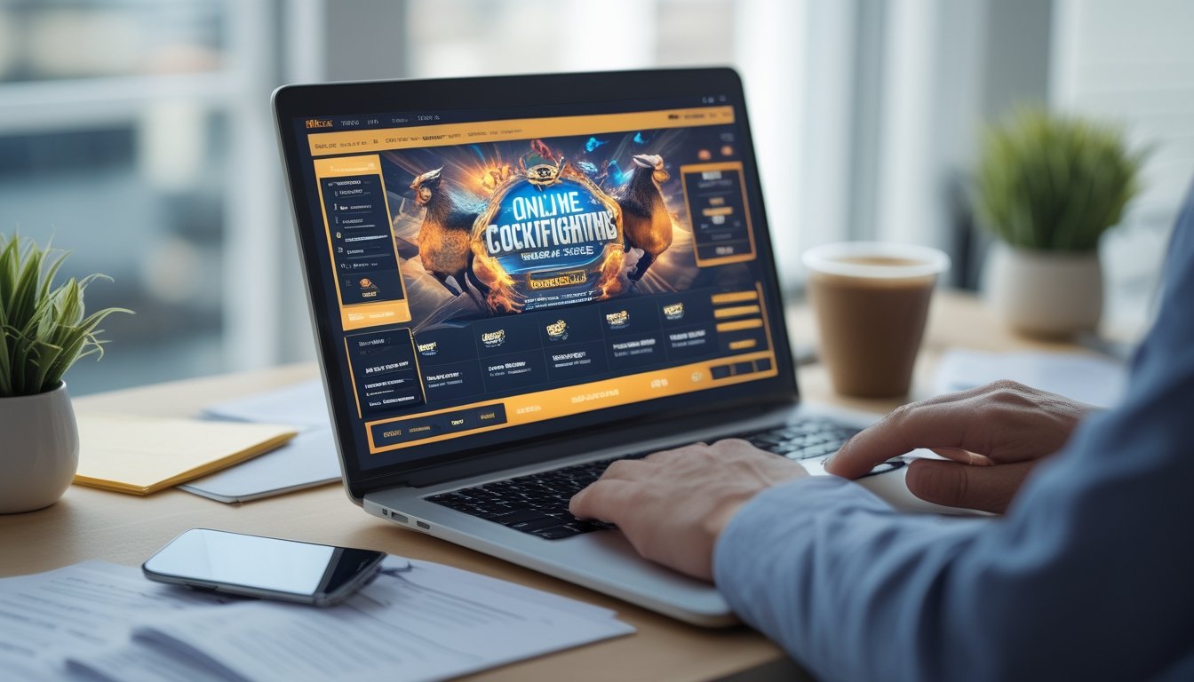 Seorang pemain menggunakan laptop dengan tampilan permainan sabung ayam online di meja kerja dengan catatan dan ponsel di sekitarnya.