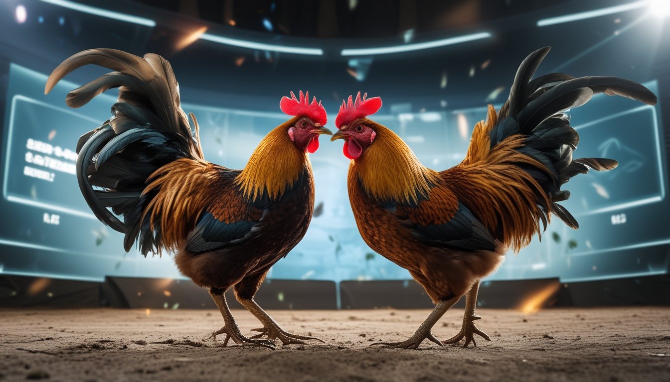 Dua ayam jantan sedang bertarung dalam arena sabung ayam dengan latar belakang tampilan digital yang menunjukkan streaming langsung.