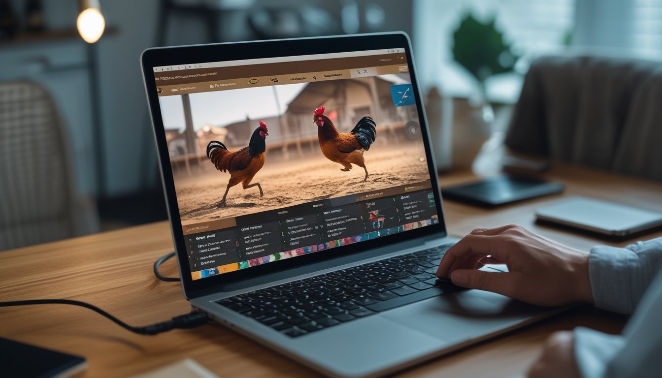 Seseorang menggunakan laptop untuk menonton siaran langsung sabung ayam online di ruang kerja yang nyaman.