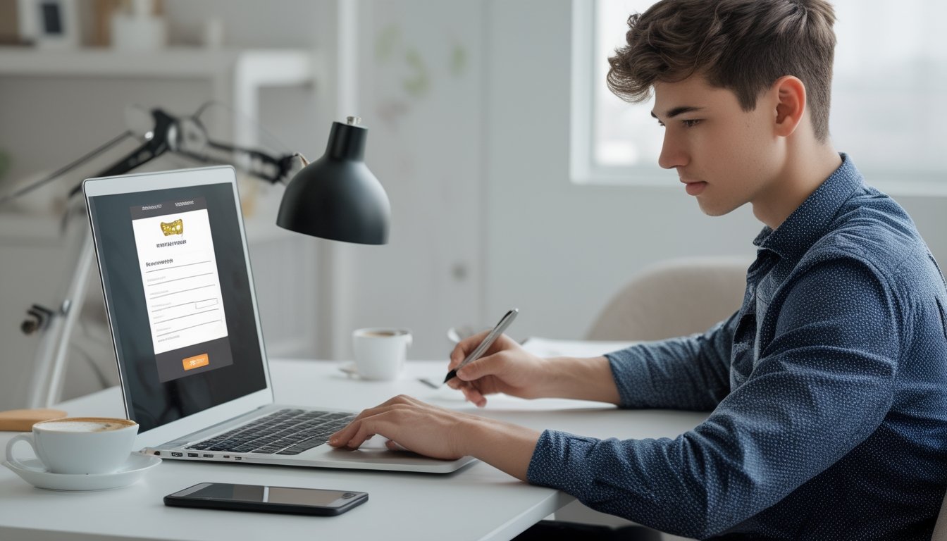 Seseorang sedang mengisi formulir pendaftaran akun judi sabung ayam online di depan laptop di ruang kerja yang rapi.
