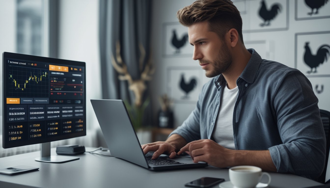 Seorang pria fokus duduk di meja dengan laptop dan ponsel di ruangan yang terang, menunjukkan suasana konsentrasi dan perencanaan strategi.