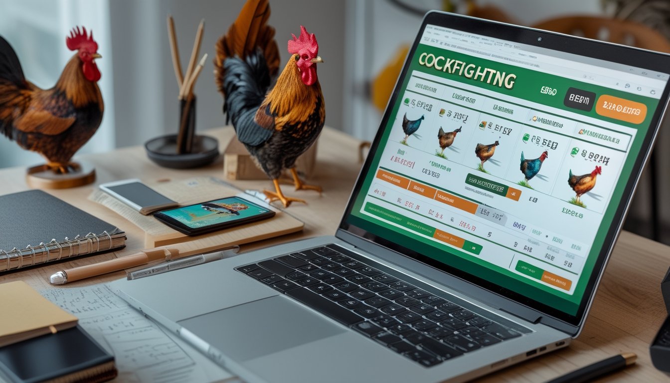 Seorang pria sedang menggunakan laptop dengan tampilan situs judi sabung ayam online di meja kerja yang rapi dengan catatan dan ponsel di sampingnya.
