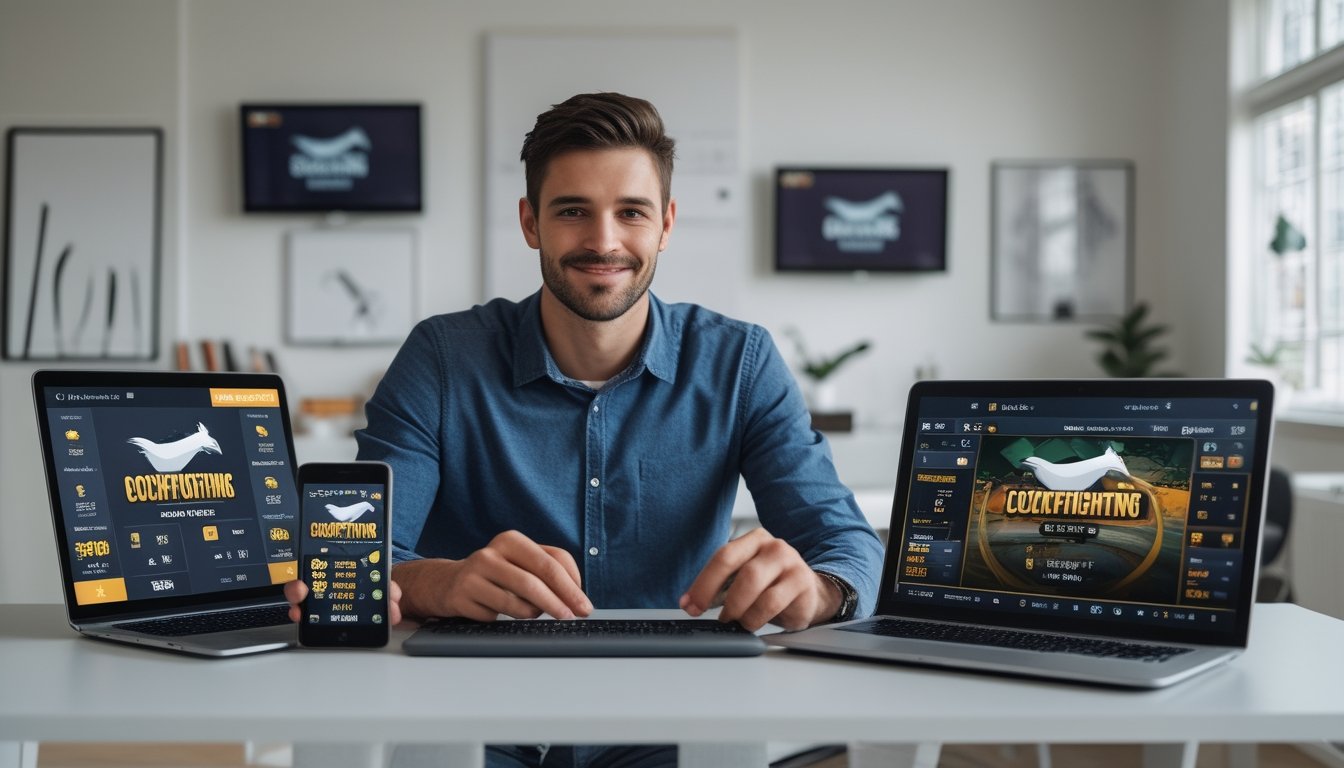 Seorang pria muda duduk di meja dengan laptop dan ponsel, menggunakan aplikasi taruhan sabung ayam online dalam ruangan kerja modern.