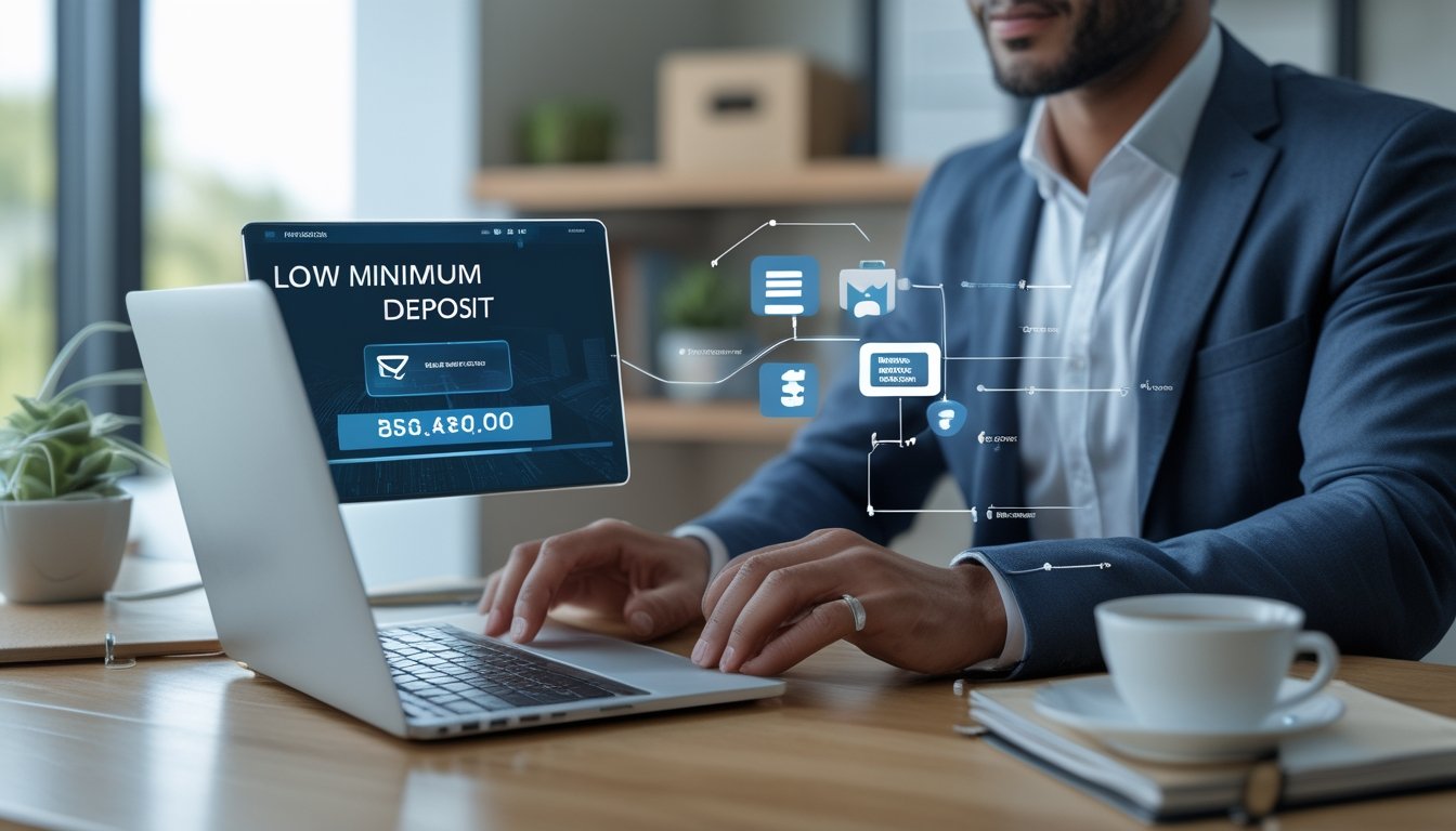 Seorang agen online yang percaya diri sedang bekerja dengan laptop di kantor modern yang rapi dan terang.
