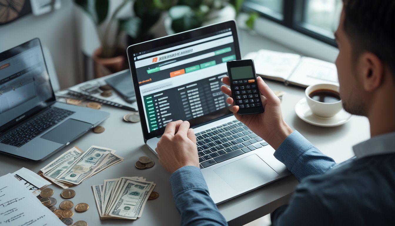 Seseorang yang fokus mengelola uang di depan laptop dengan situs judi sabung ayam online, di meja terdapat uang dan alat hitung, suasana terang dan rapi.