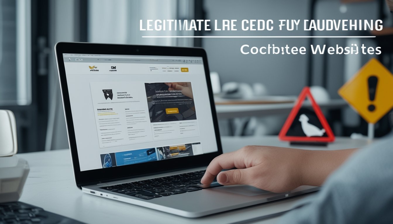 Seorang pengguna sedang melihat dua situs web di laptop, satu terlihat resmi dan terpercaya, satu lagi mencurigakan, dengan tanda peringatan di latar belakang.