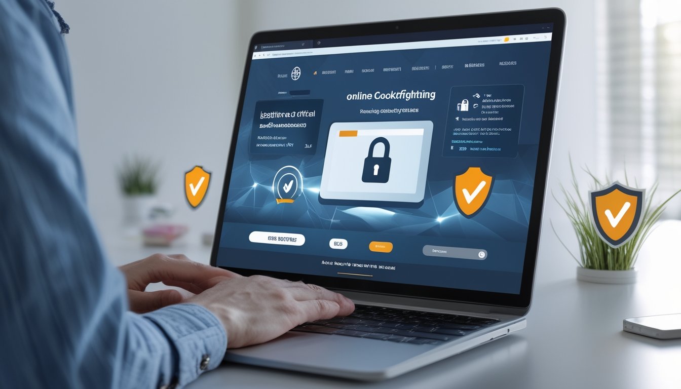 Seorang pengguna sedang melihat situs web resmi sabung ayam online di laptop dengan ikon keamanan di layar, di meja terdapat simbol perlindungan dan tanda centang.