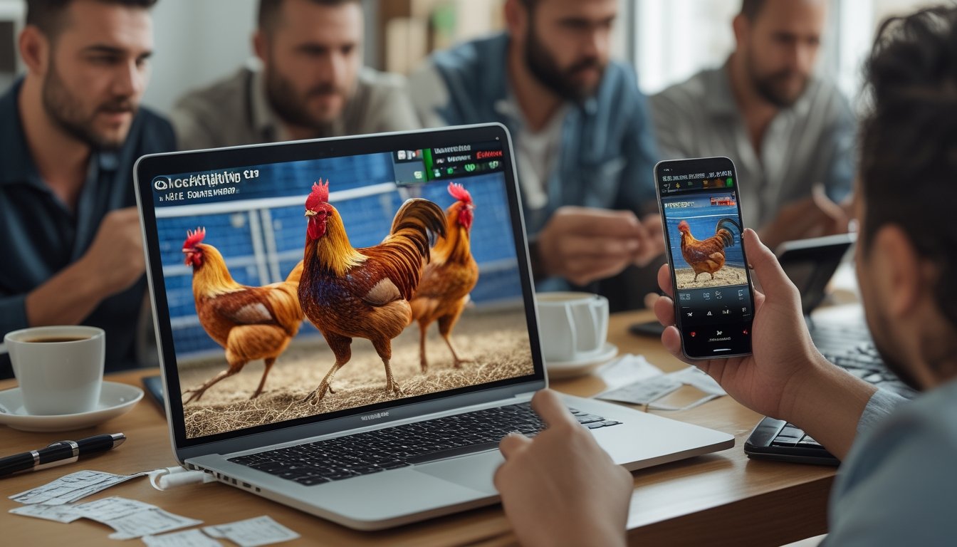 Orang-orang menonton pertandingan sabung ayam secara online di depan laptop dengan suasana serius dan fokus.