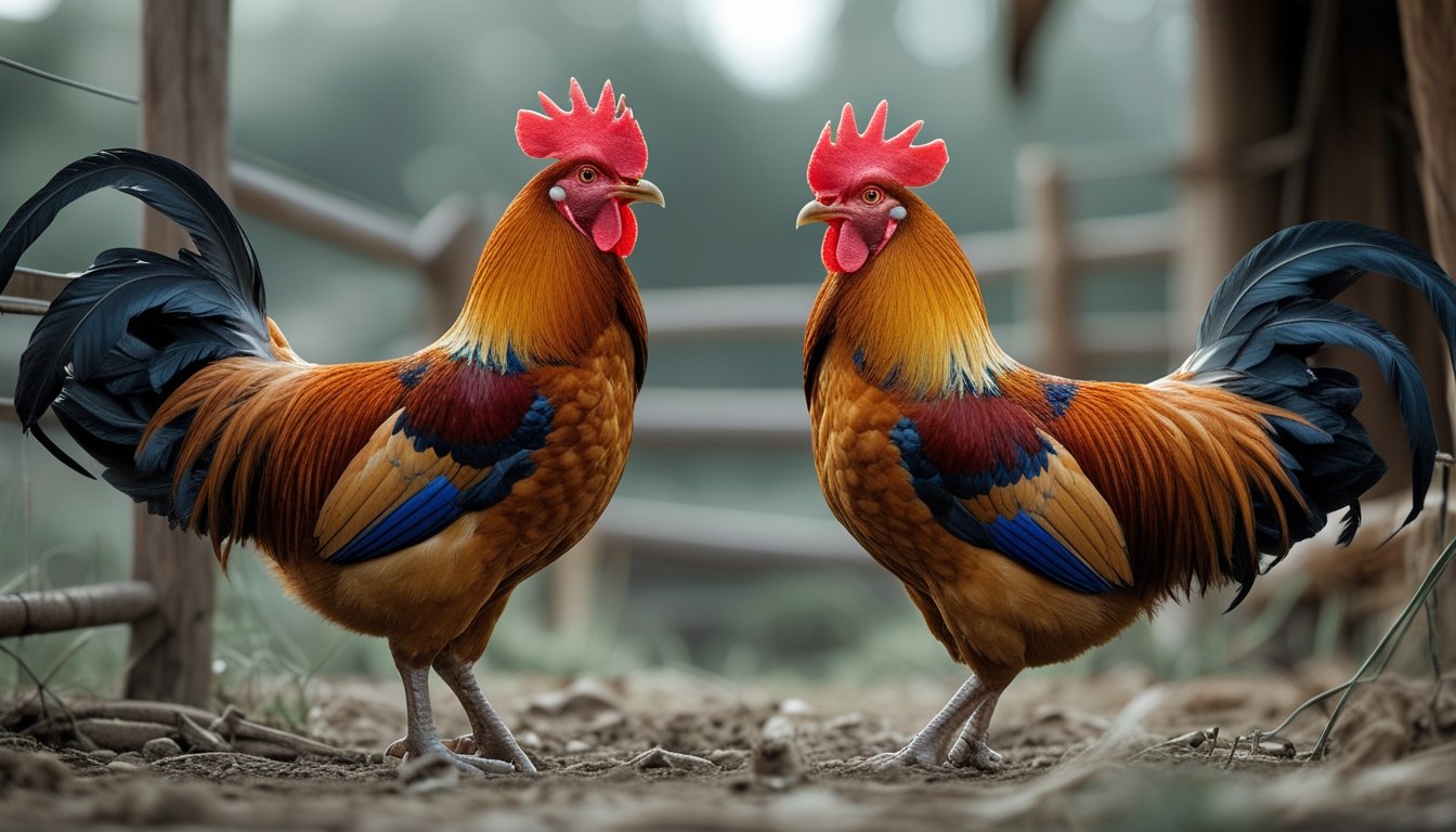Dua ayam jago saling berhadapan di luar ruangan dengan latar alami.
