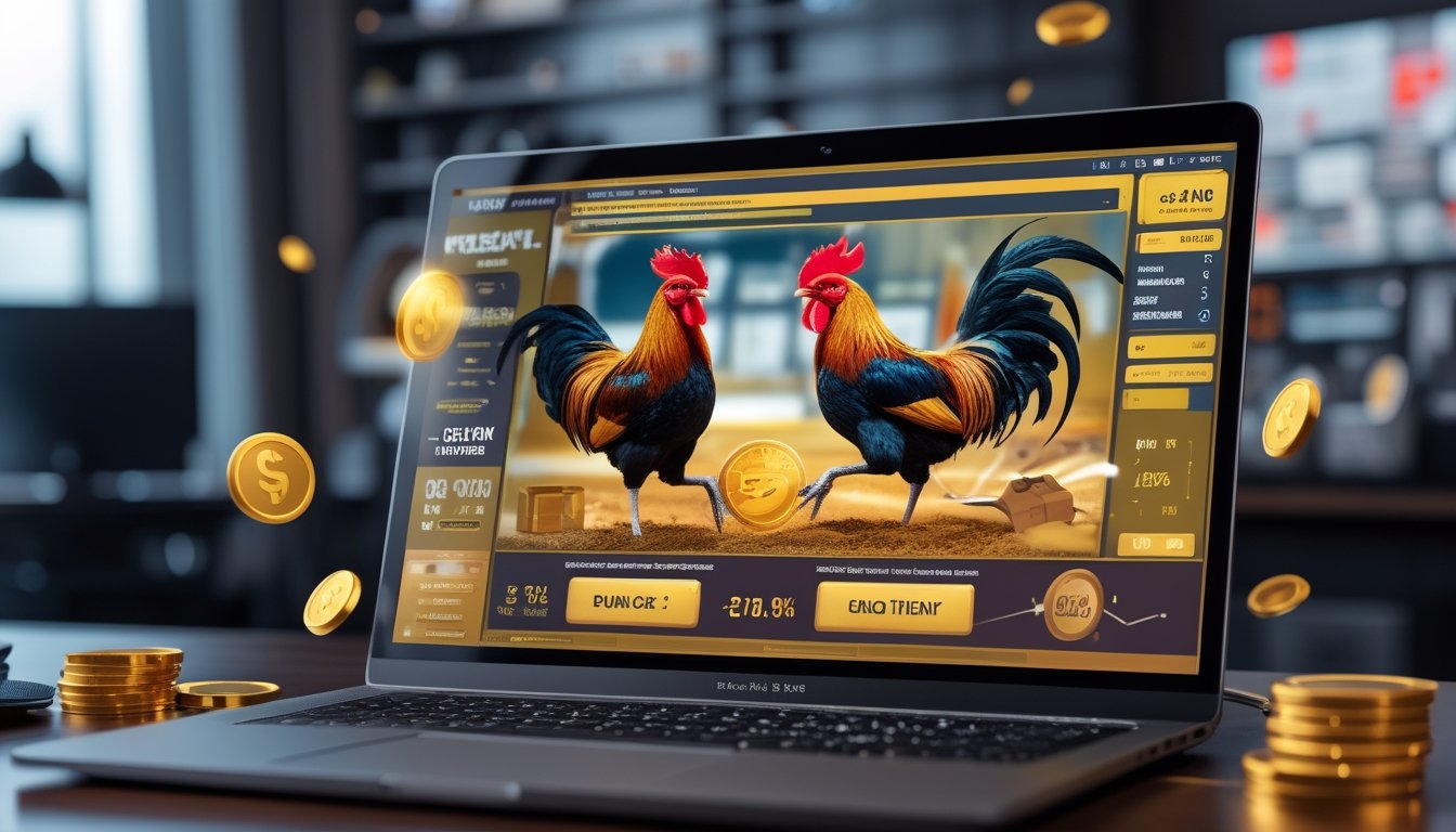 Seseorang menggunakan komputer dengan tampilan situs judi sabung ayam online yang menampilkan gambar ayam bertarung dan simbol bonus di sekitarnya.