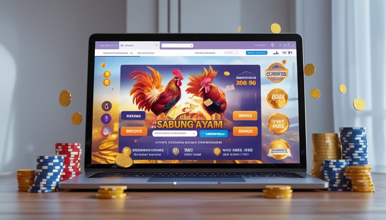 Seseorang menggunakan perangkat digital dengan gambar sabung ayam dan simbol bonus di layar, dikelilingi oleh chip poker dan uang.