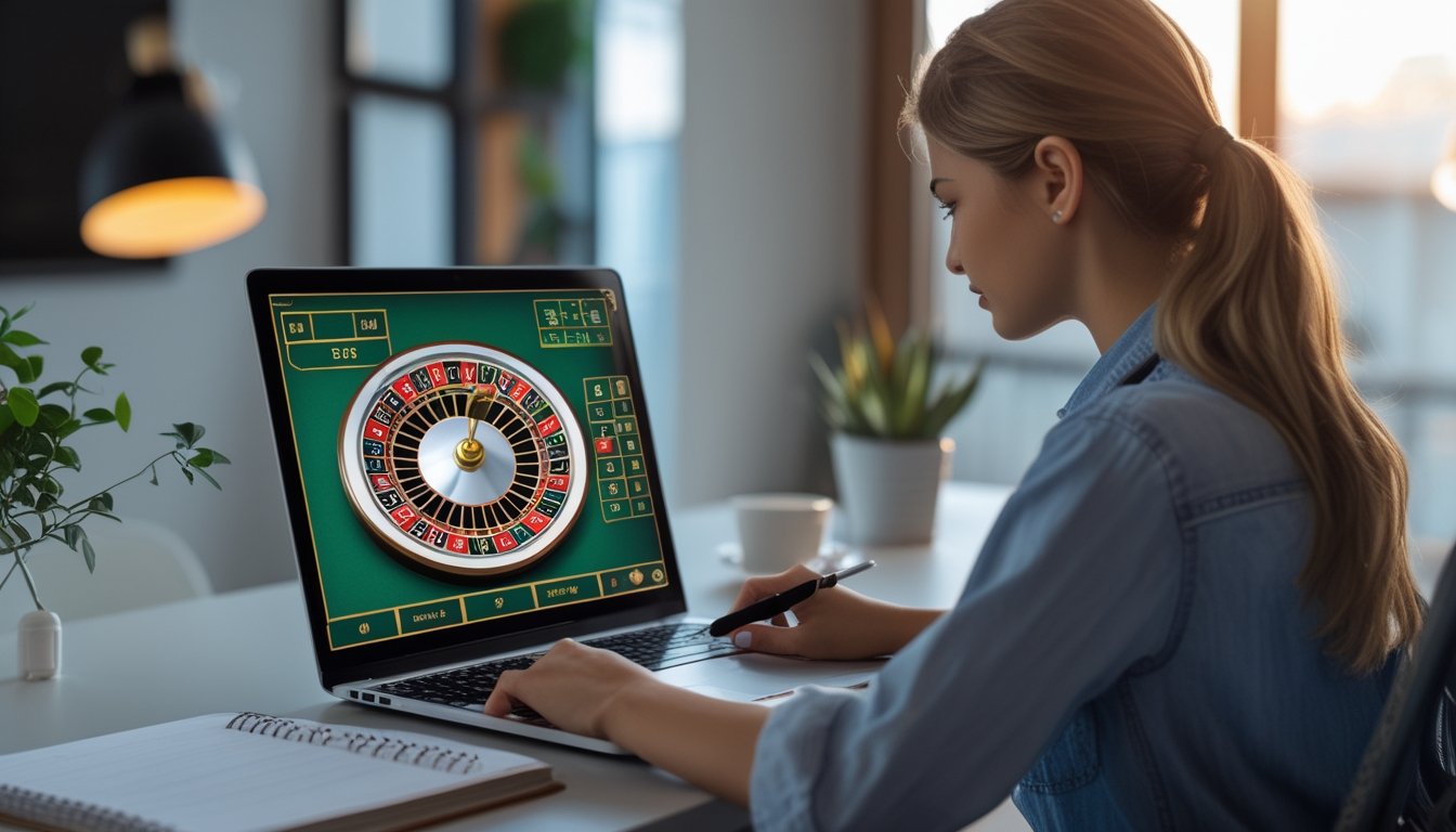 Seorang wanita muda duduk di depan laptop yang menampilkan permainan roulette online, sambil mencatat di buku catatan di meja kerja.