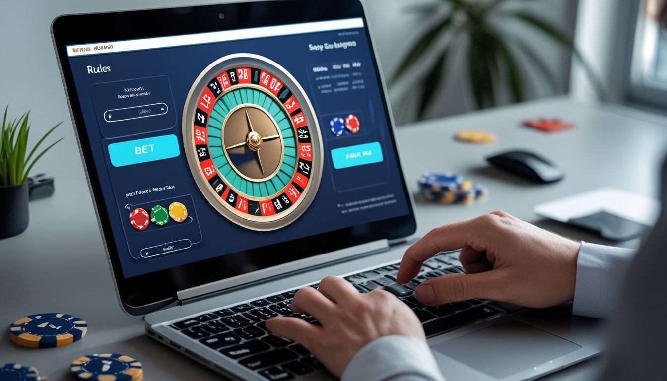 Seseorang menggunakan komputer dengan tampilan roda roulette online dan meja taruhan di layar, di lingkungan kerja yang rapi dan terang.