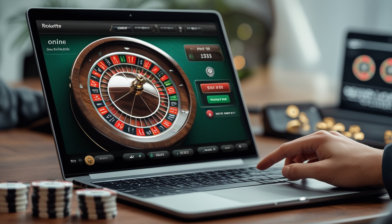 Seorang pengguna bermain roulette online di laptop dengan roda roulette dan chip digital terlihat jelas di layar.