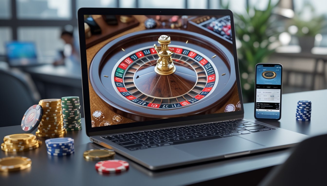 Sebuah meja dengan komputer dan smartphone yang menampilkan permainan roulette online dengan roda roulette dan chip digital.