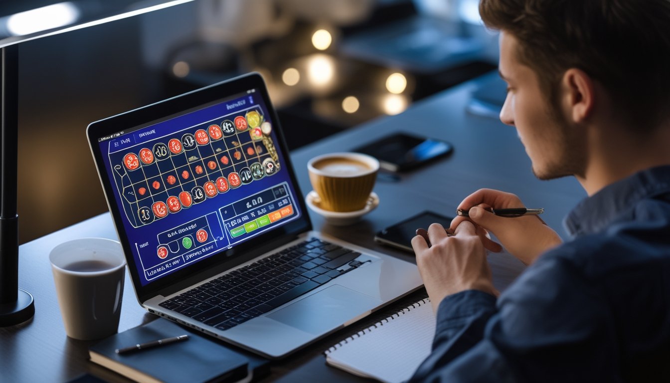 Seseorang duduk di meja dengan laptop yang menampilkan permainan roulette online, sedang menganalisis dan mencatat strategi taruhan.