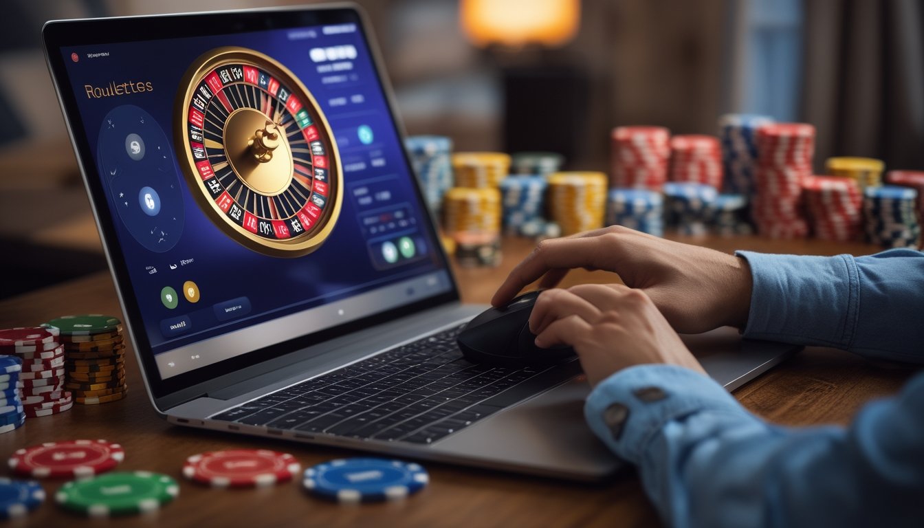 Seorang pemain sedang menggunakan laptop dengan tampilan roda roulette dan chip taruhan di meja, siap memasang taruhan dalam permainan roulette online.