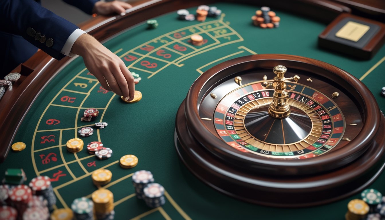 Dua roda roulette berdampingan di meja kasino dengan chip dan tangan dealer yang sedang menempatkan chip.