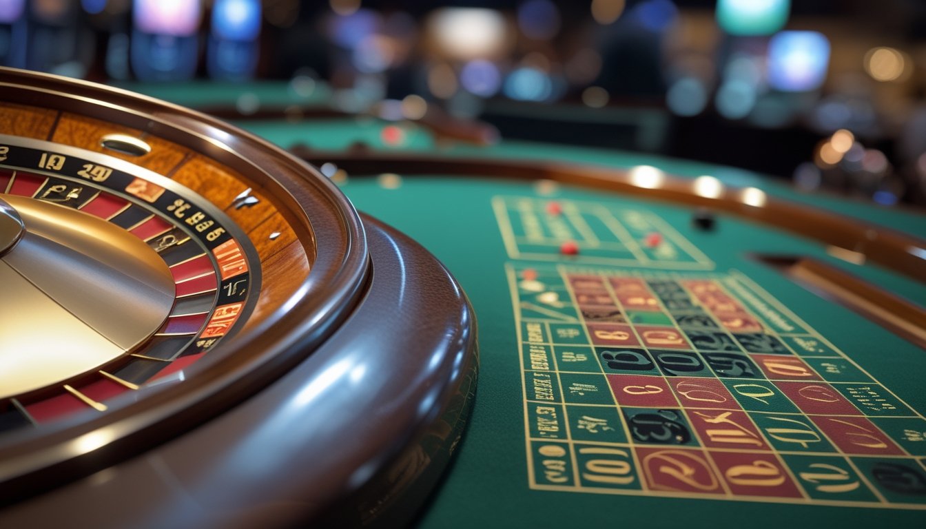 Dua roda roulette berdampingan di atas meja kasino hijau, satu dengan satu slot nol dan satu lagi dengan dua slot nol.