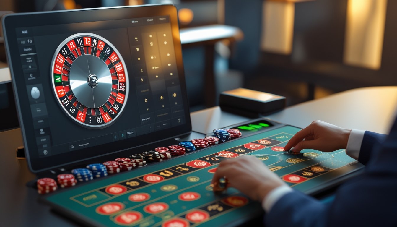 Seseorang menggunakan komputer dengan tampilan roda roulette digital dan taruhan chips di meja virtual roulette.