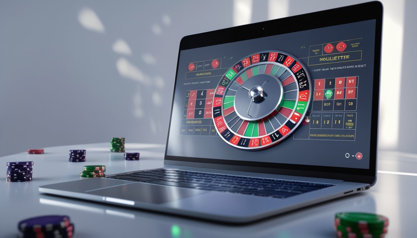 Sebuah meja roulette digital dengan roda roulette berwarna merah, hitam, dan hijau di layar komputer, dikelilingi oleh chip taruhan yang menunjukkan berbagai jenis taruhan roulette.