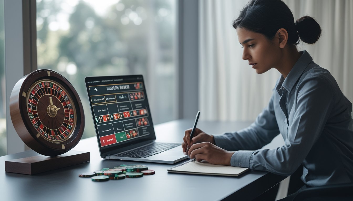 Seseorang duduk di meja dengan laptop dan roda roulette, sedang mempelajari aturan roulette online sambil mencatat.