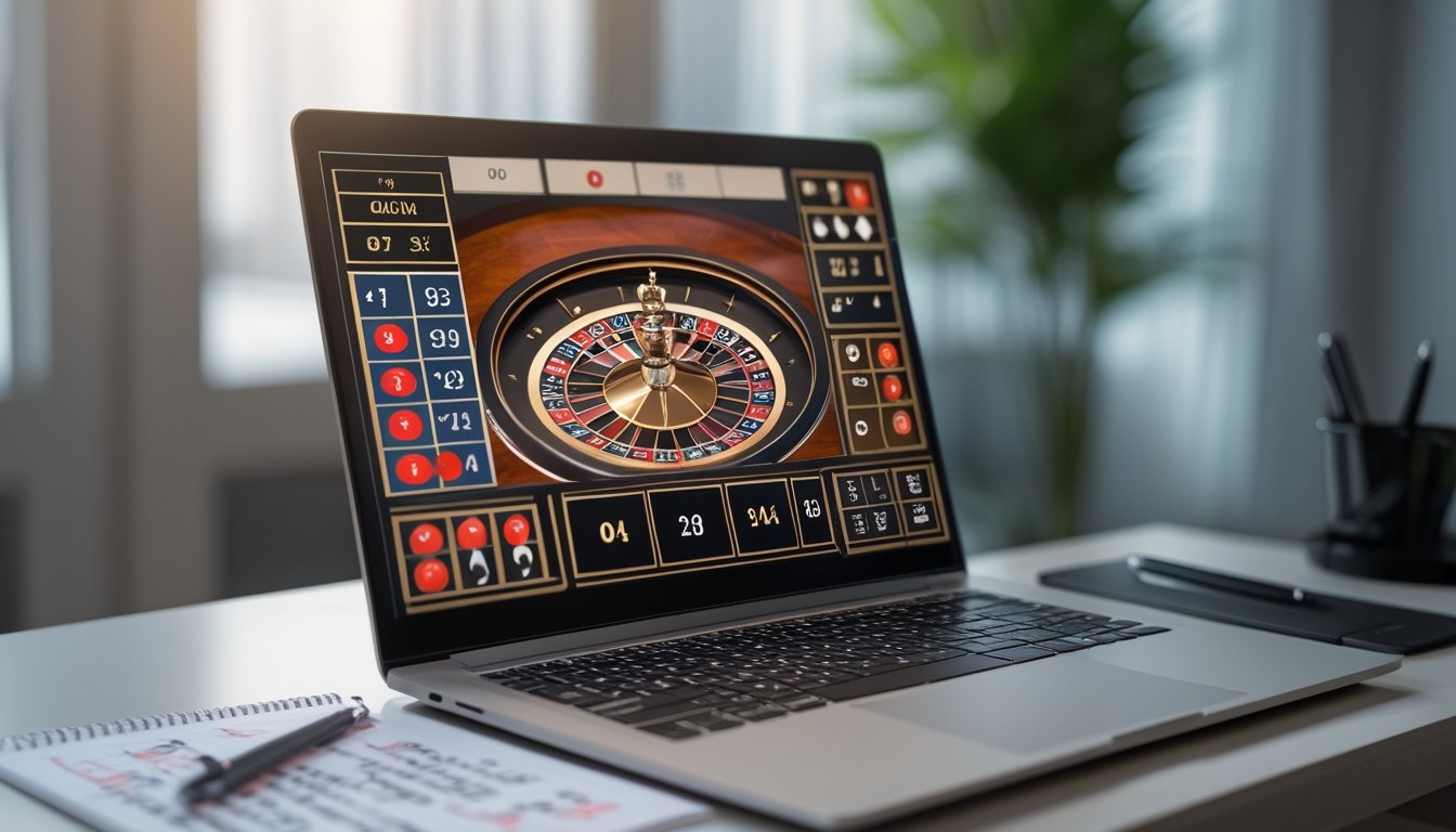 Sebuah laptop menampilkan roda roulette virtual dengan buku catatan dan pena di meja yang rapi.