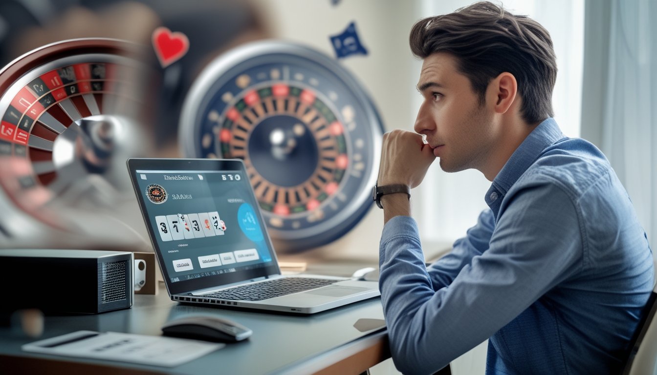 Seorang pria muda duduk di depan laptop sambil fokus melihat permainan roulette online di layar.