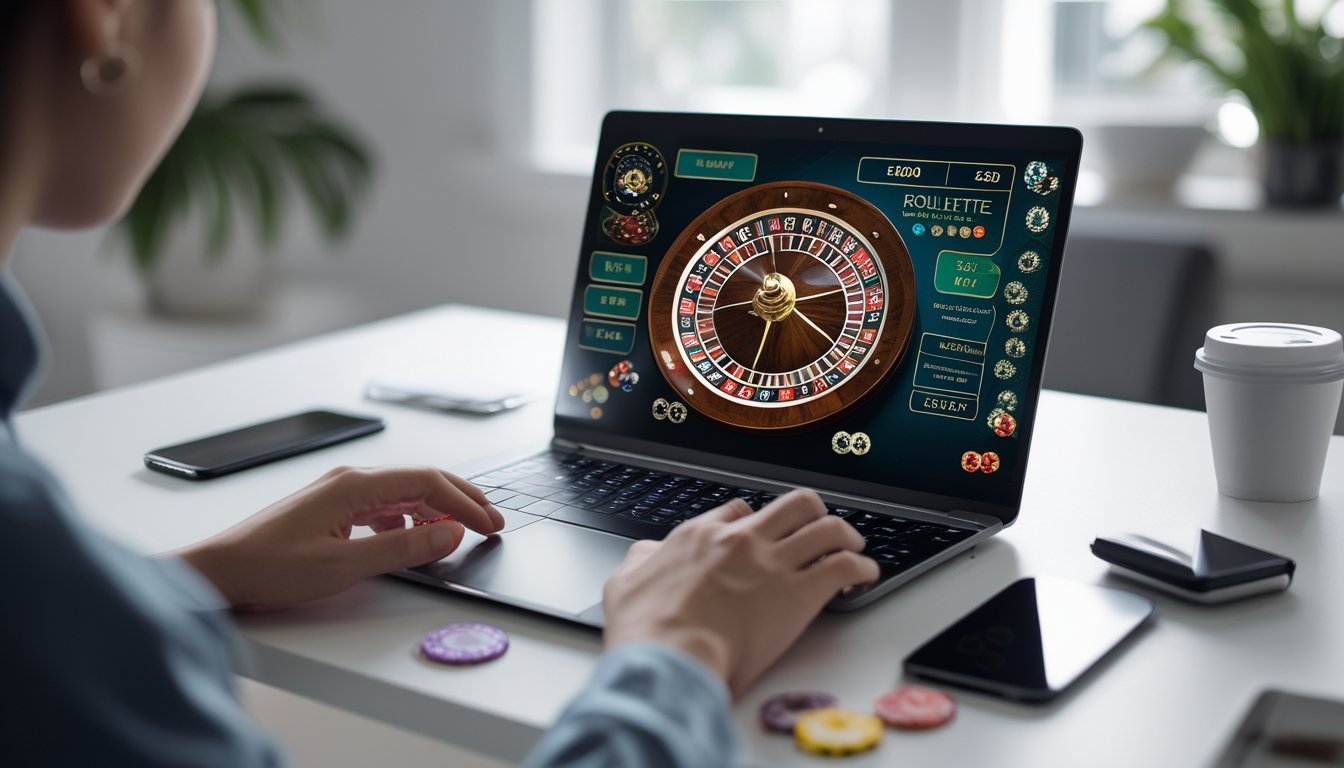 Tangan seseorang sedang menggunakan komputer dengan tampilan roda roulette online dan chip warna-warni di meja, di ruang belajar yang rapi.