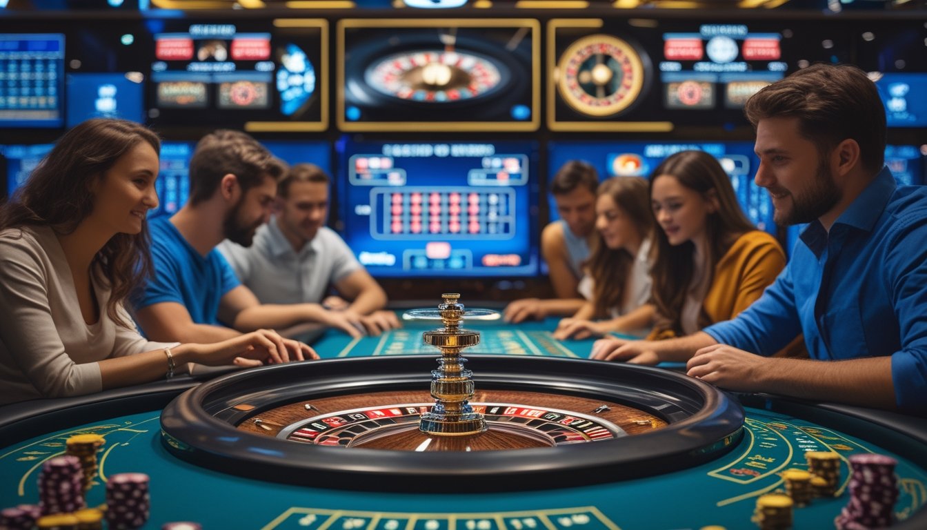 Beberapa pemain sedang bermain roulette di kasino online dengan meja roulette dan layar komputer di latar belakang.