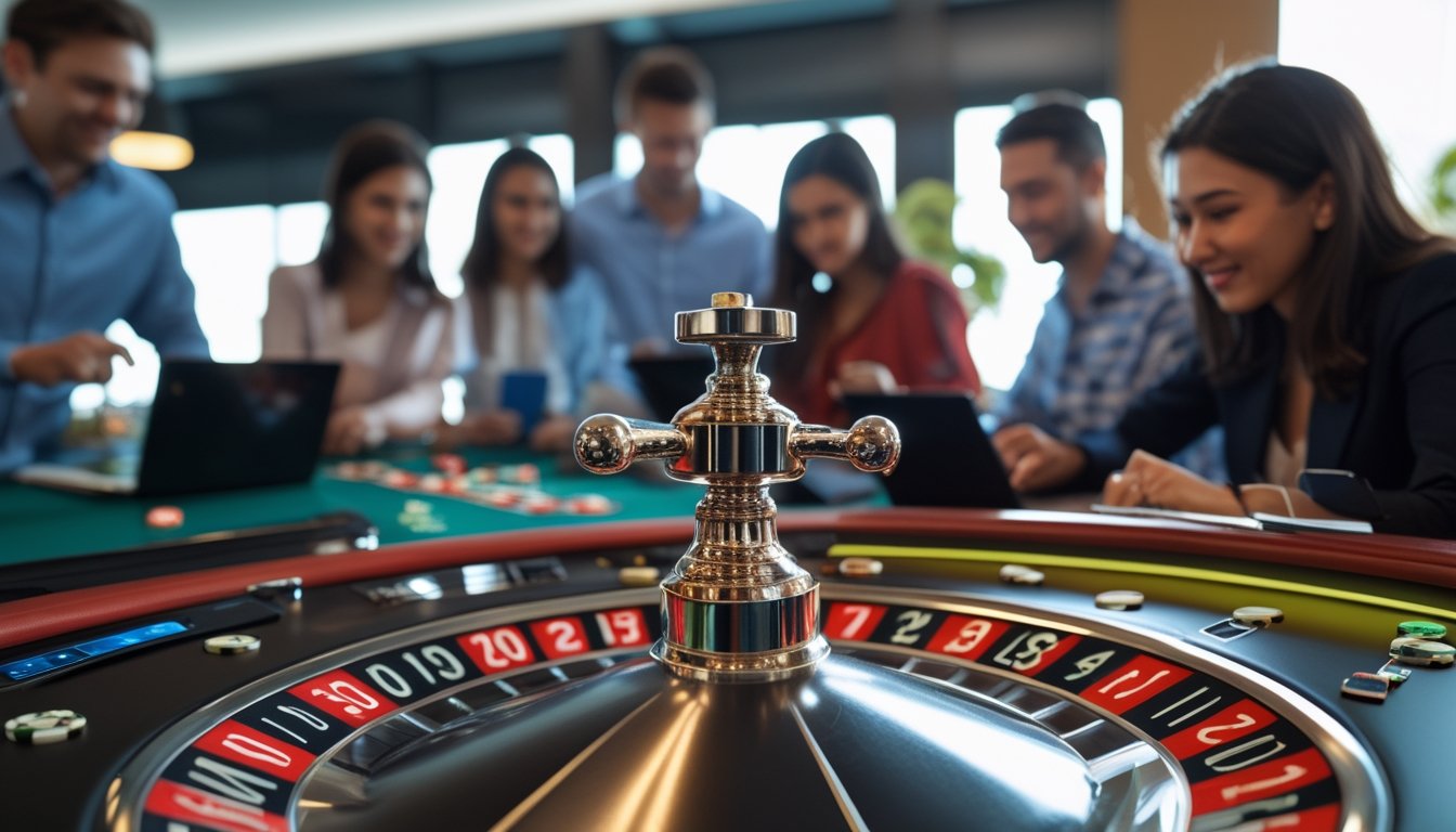 Meja roulette online dengan roda roulette berputar dan beberapa pemain menggunakan perangkat digital untuk bermain.