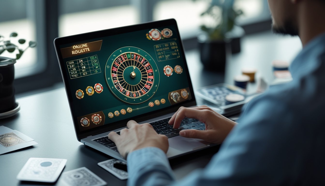Tangan seseorang sedang menggunakan laptop dengan tampilan roda roulette online dan grafik peluang di layar.