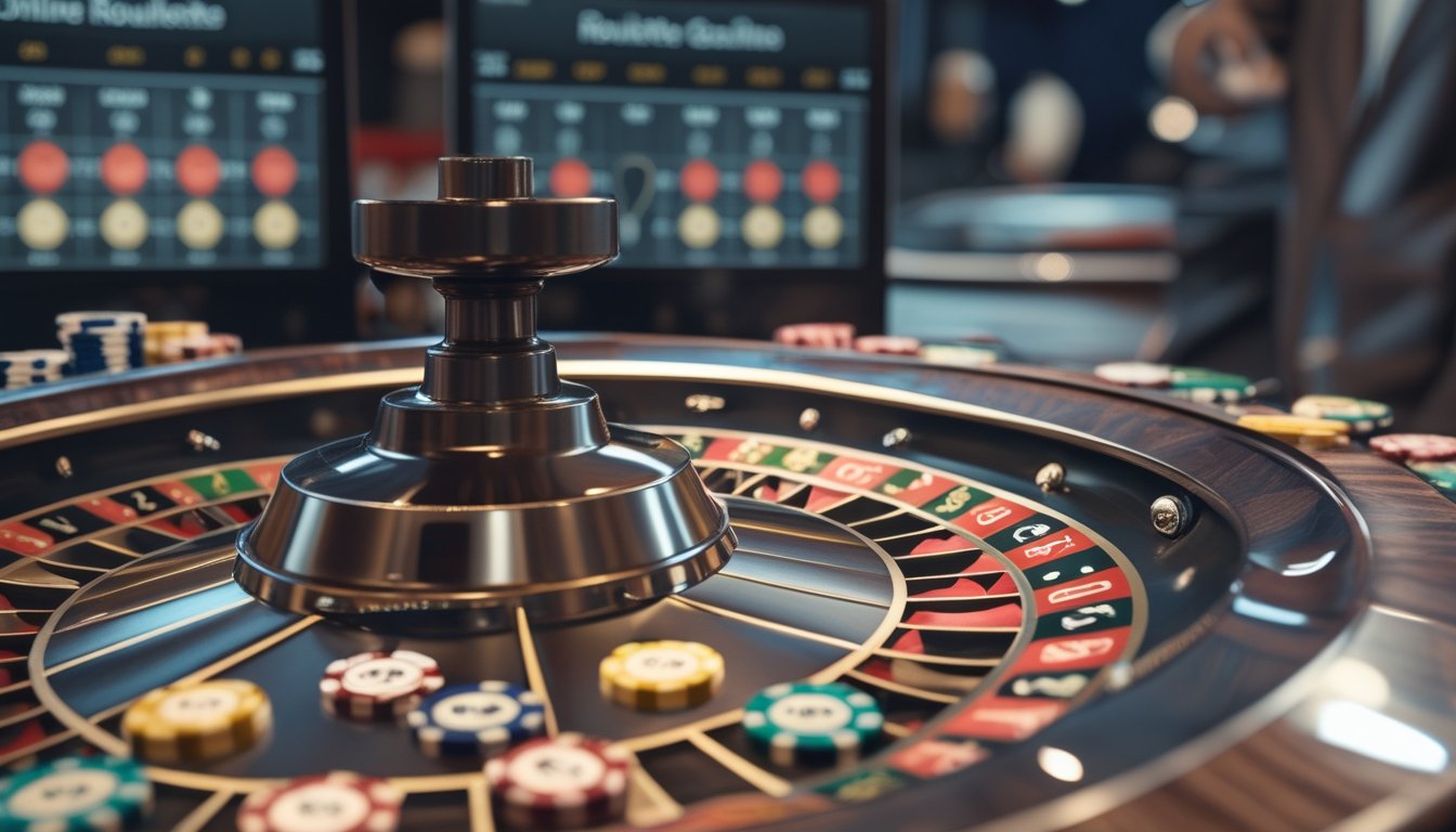 Foto close-up roda roulette dengan bola putih berputar dan chip taruhan berwarna-warni di sekitarnya, dengan layar digital di latar belakang yang menampilkan statistik permainan.