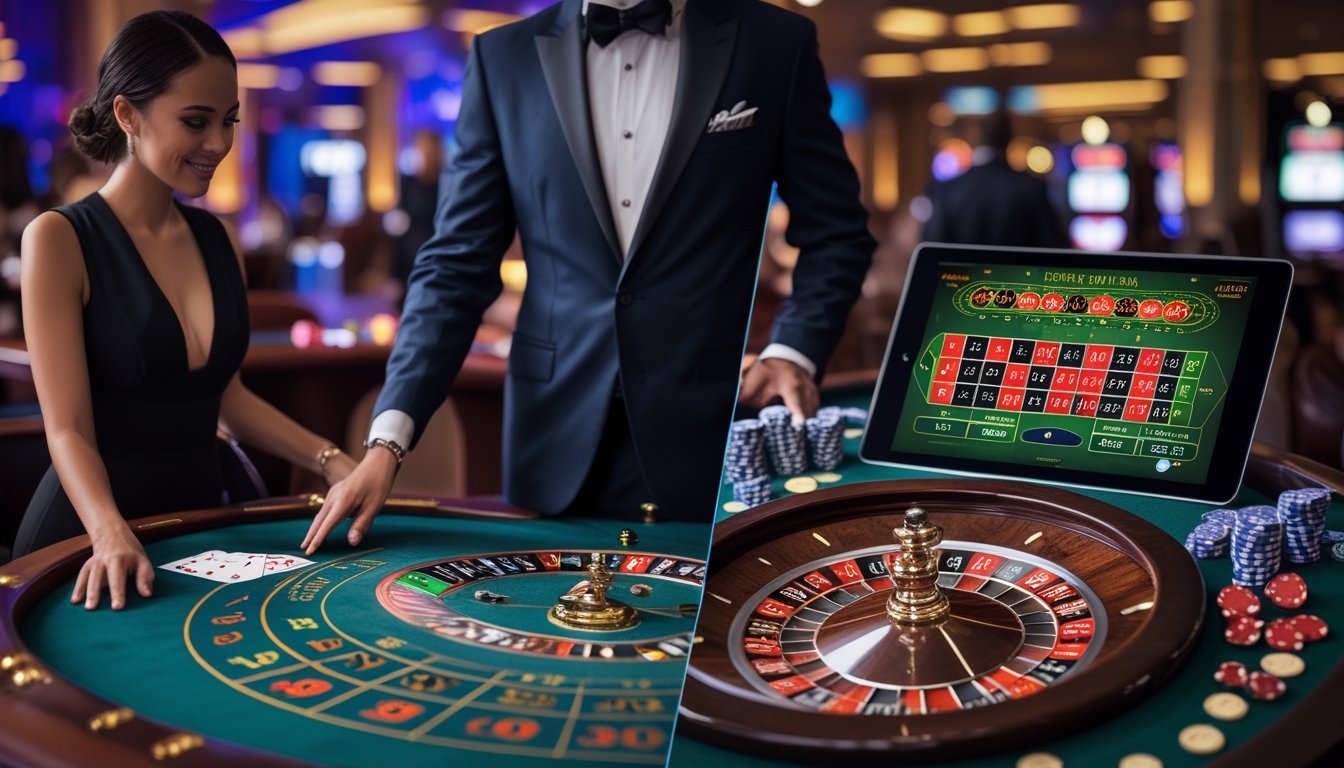 Suasana kasino dengan dealer langsung memutar roda roulette di satu sisi dan tampilan permainan roulette online di layar perangkat digital di sisi lain.