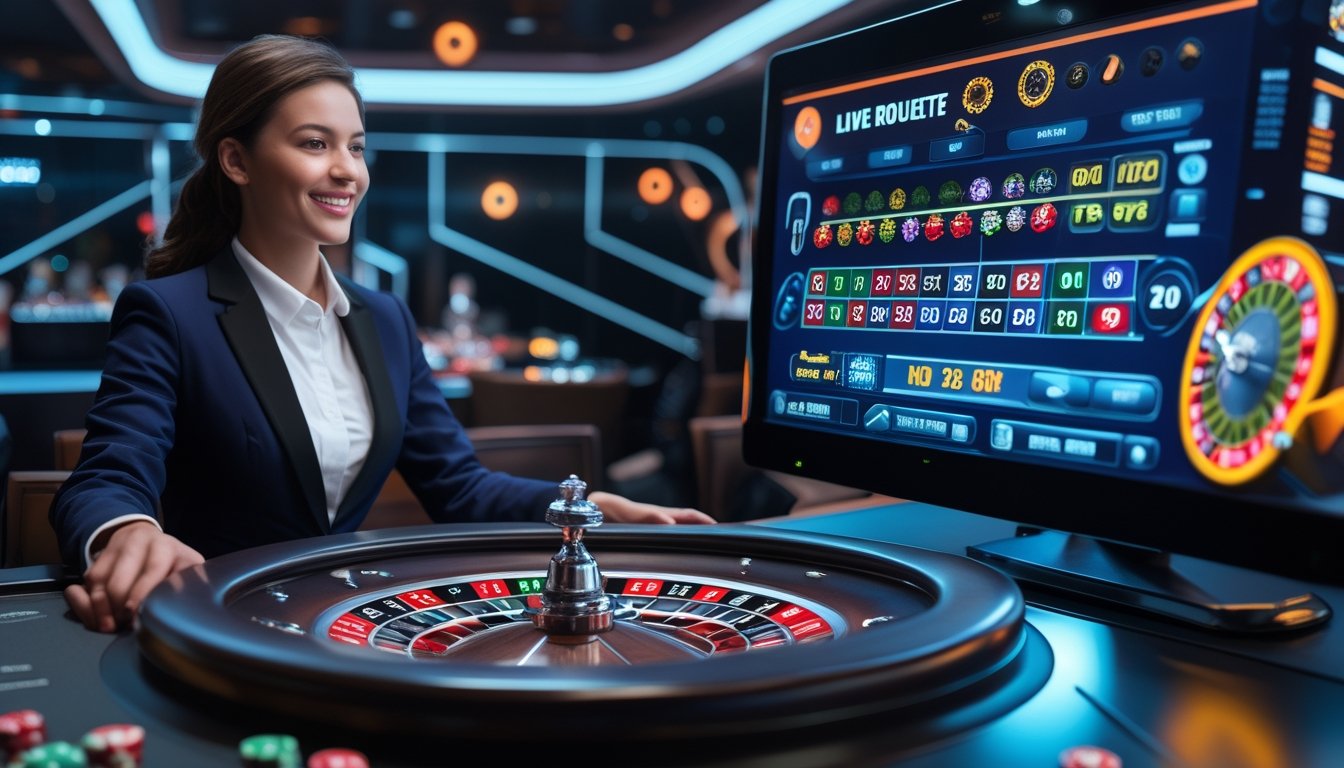 Seorang dealer langsung di meja roulette berhadapan dengan antarmuka permainan roulette RNG digital yang menampilkan roda berputar dan angka.