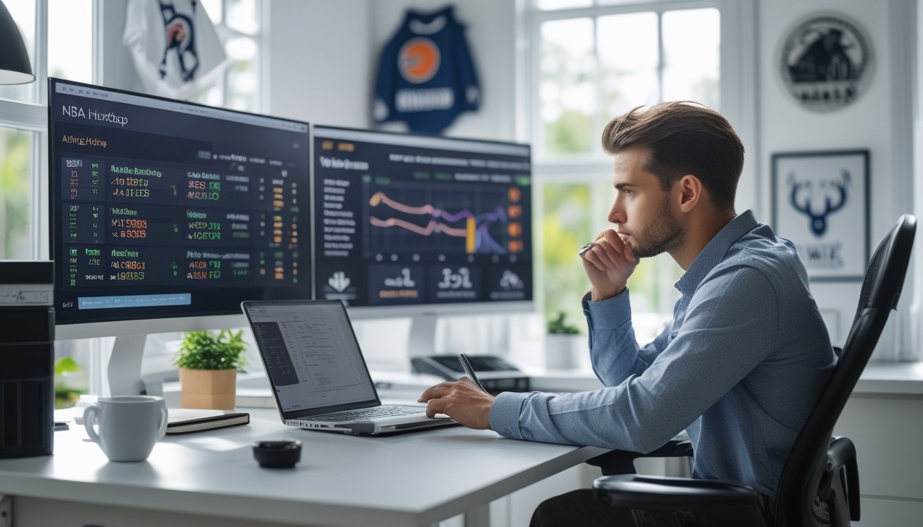Seorang pria muda duduk di meja dengan beberapa layar yang menampilkan statistik dan data NBA, sedang menganalisis informasi untuk strategi taruhan.