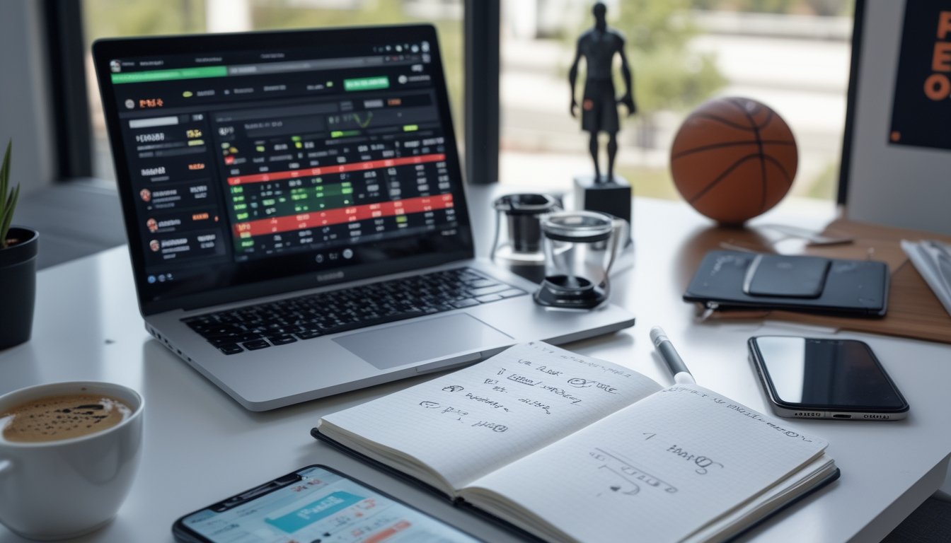 Meja kerja dengan laptop menampilkan statistik NBA, buku catatan strategi, kopi, dan ponsel yang menayangkan pertandingan NBA.